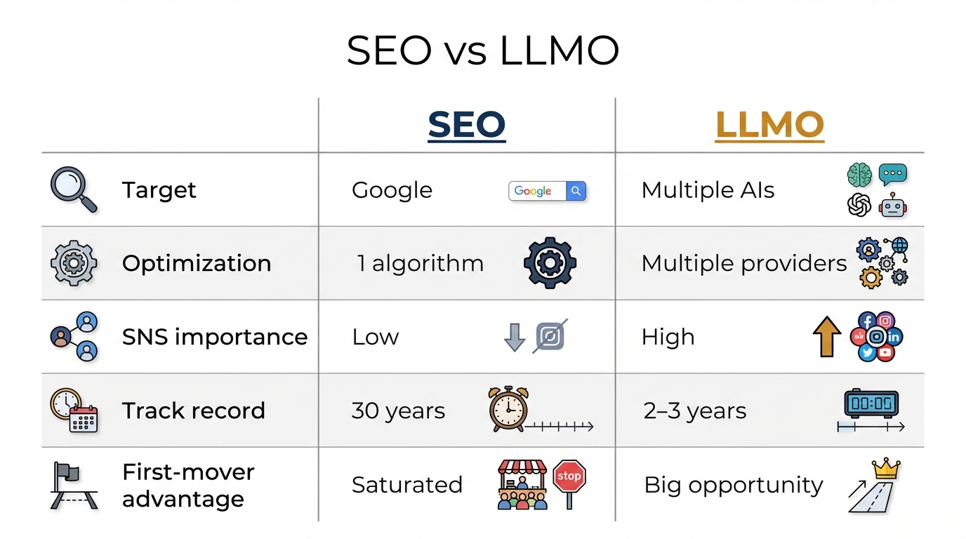 SEOとLLMOの比較表